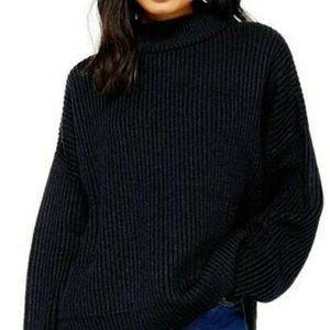 Topshop Women Mock Neck Pullover Sweater Top Ribbed Knit Navy Blue XL (14) NEW